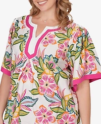 Ruby Rd. Plus Tropical Floral Trim Detail Top