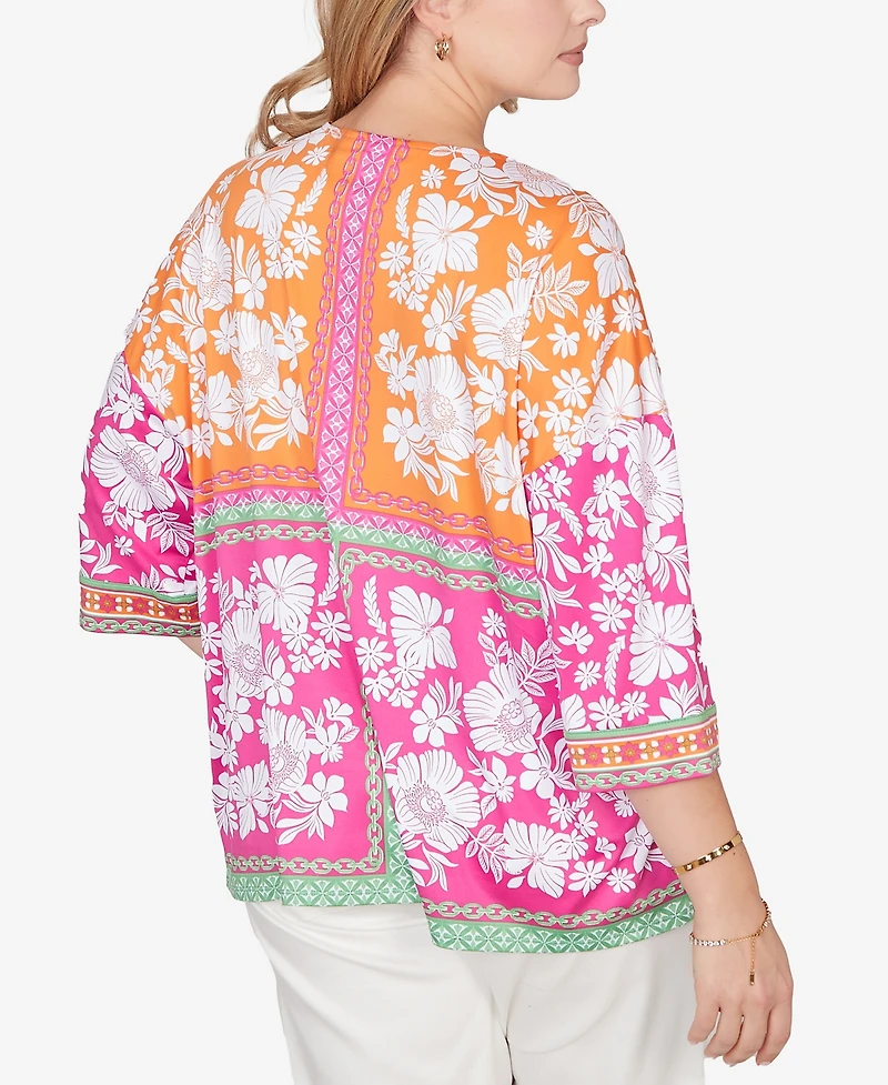 Ruby Rd. Plus Embroidered Placket Patchwork Knit Top