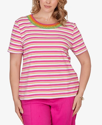 Ruby Rd. Plus Crochet Neck Stripe Knit Top