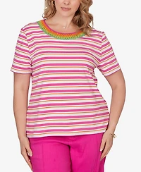 Ruby Rd. Plus Crochet Neck Stripe Knit Top