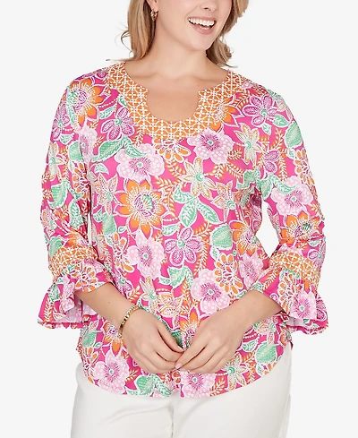 Ruby Rd. Plus Floral Puff Print Ruffle Sleeve Knit Top