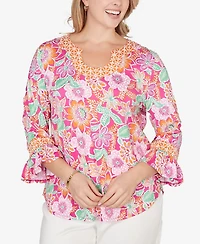 Ruby Rd. Plus Floral Puff Print Ruffle Sleeve Knit Top