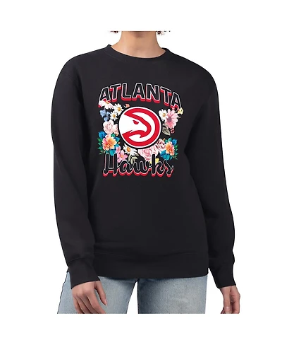 G-iii 4Her By Carl Banks Women's Black Atlanta Hawks Flowers Team Logo Graphic Fleece Crewneck Pullover Sweatshirt