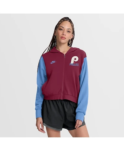 Nike Women's Burgundy/Light Blue Philadelphia Phillies Cooperstown Collection Cropped Full-Zip Hoodie