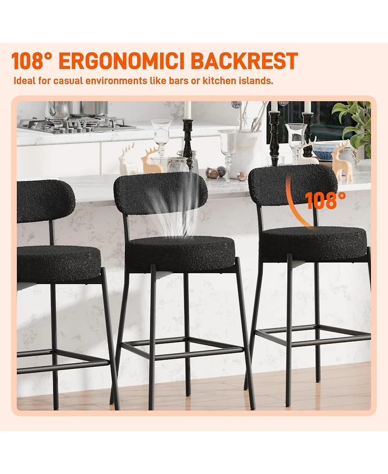 Dyhome Bar Stools Set of 3, 28 Inches Modern Counter Height with Curved Back Metal Legs, Upholstered Tall Barstools for Kitchen Island, Caf