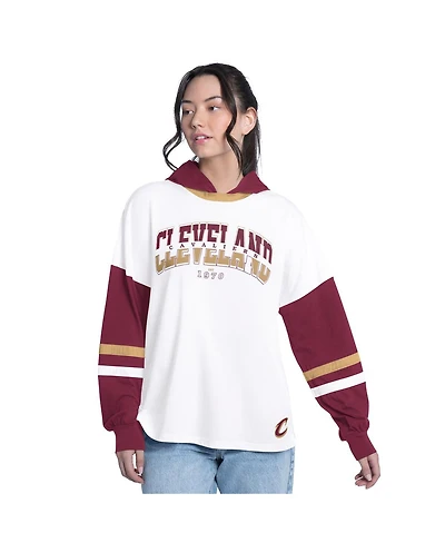 G-iii 4Her by Carl Banks Women's White/Wine Cleveland Cavaliers Key Player Oversized Hooded Long Sleeve T-Shirt