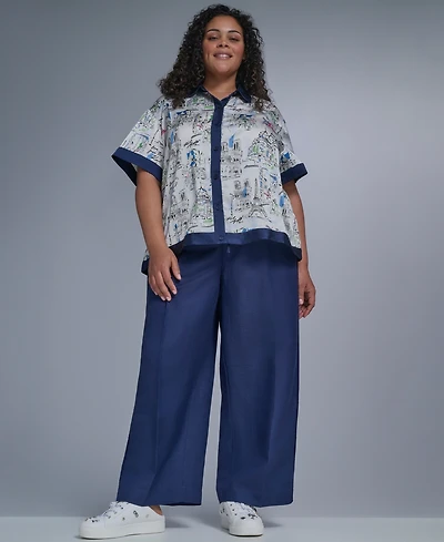 Karl Lagerfeld Paris Plus Printed Collared Camp Shirt