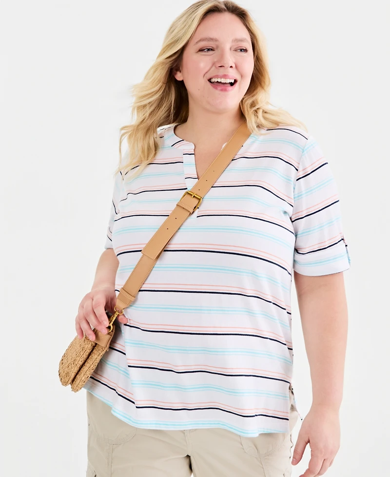 Style & Co Plus Striped Roll-Tab Elbow-Sleeve T-Shirt, Macy's Exclusive