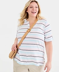 Style & Co Plus Striped Roll-Tab Elbow-Sleeve T-Shirt, Macy's Exclusive