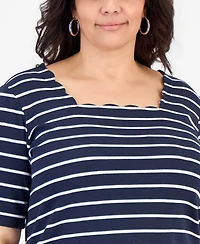 Style & Co Plus Striped Scalloped Square-Neck Top, Macy's Exclusive