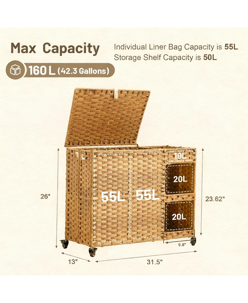 Yigii Gal. Rattan Laundry Hamper with Wheels, Liners, Mesh Bags, Durable
