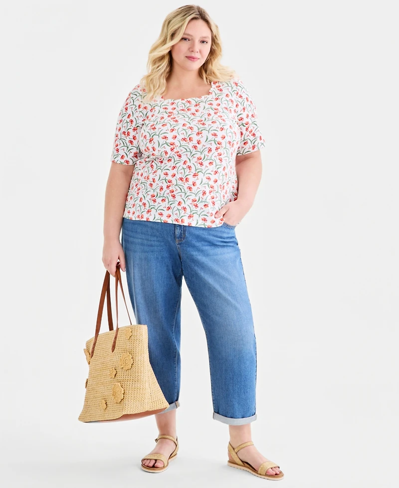 Style & Co Plus Printed Scalloped Square-Neck Top, Macy's Exclusive