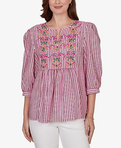 Ruby Rd. Petite Embroidered Placket Stripe Top