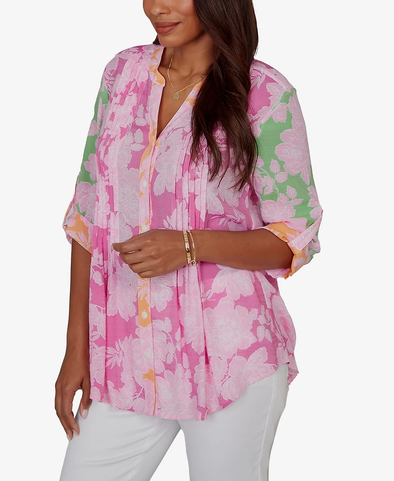 Ruby Rd. Petite Color-Block Floral Pintuck Gauze Top
