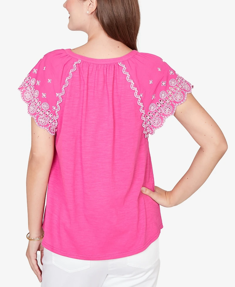 Ruby Rd. Petite Embroidered Sleeve Slub Knit T-shirt