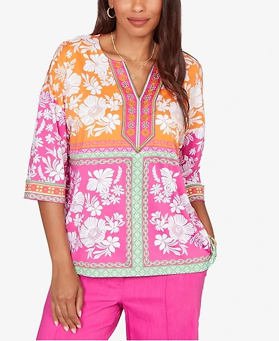 Ruby Rd. Petite Embroidered Placket Patchwork Knit Top