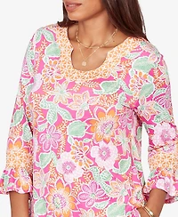 Ruby Rd. Petite Floral Puff Print Ruffle-Sleeve Knit Top