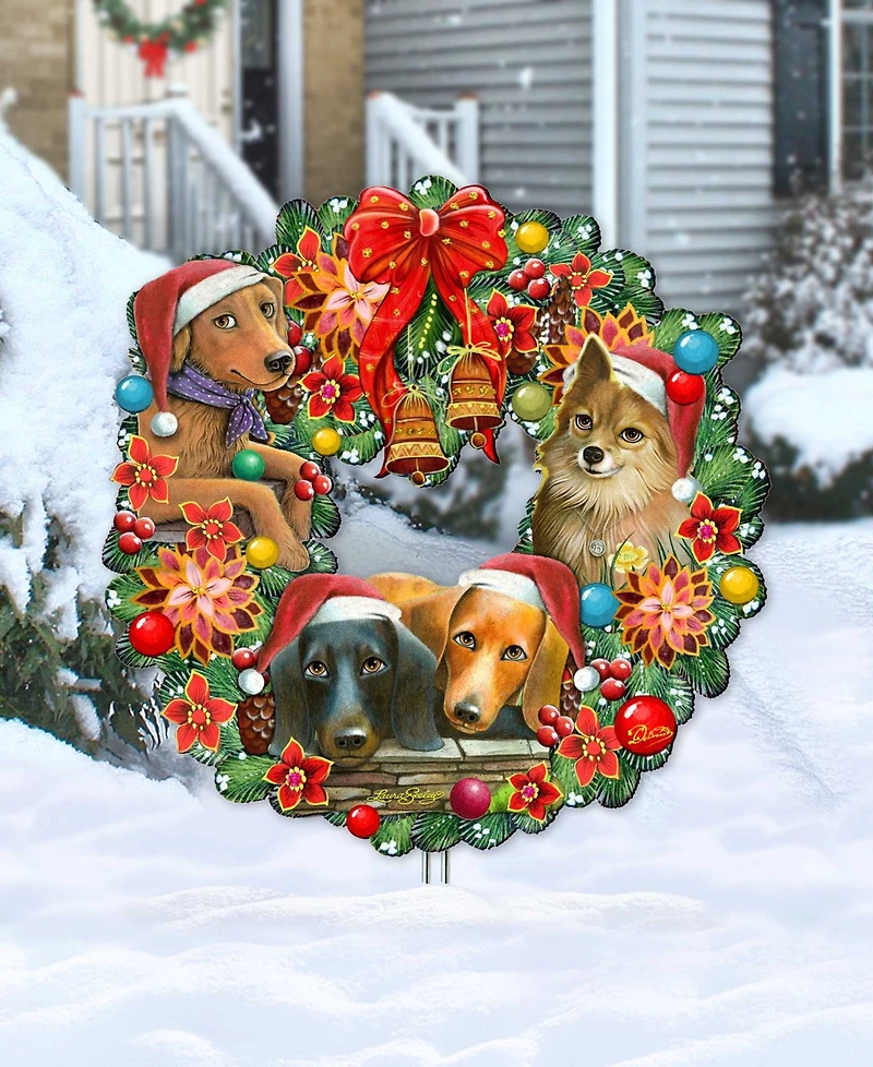 Designocracy Christmas Friends Puppy Wreath Holiday Outdoor Decor Large Ornament