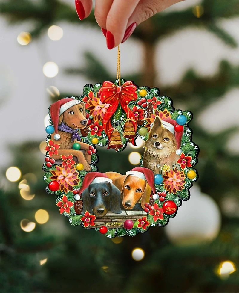 Designocracy Christmas Friends Puppy Wreath Holiday Ornaments, Set of 2