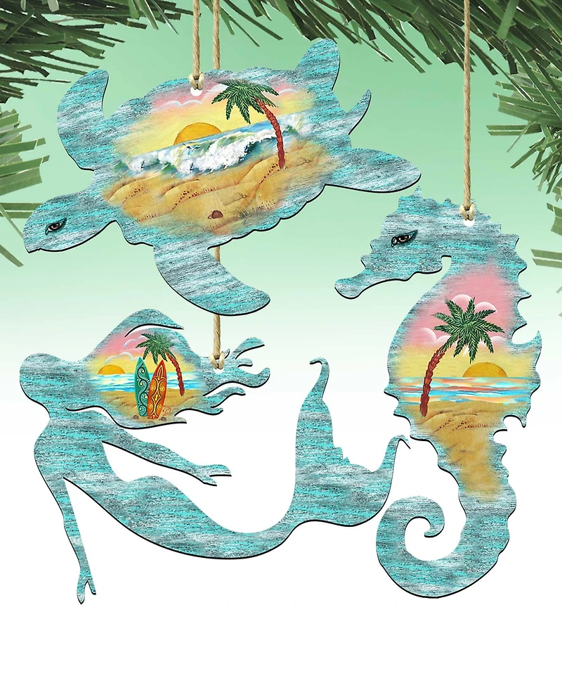 Designocracy Sea Turtle, Mermaid, Seahorse Holiday Ornaments, Set of 3