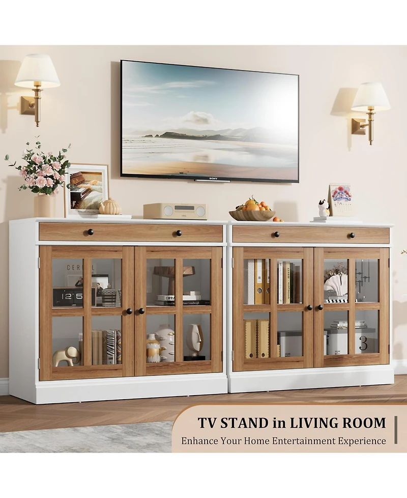 gaomon 35 Point 4 Inch Sideboard Buffet Cabinet with Glass Door and Drawer White Plus Brown Modern Storage for Dining Room Kitchen