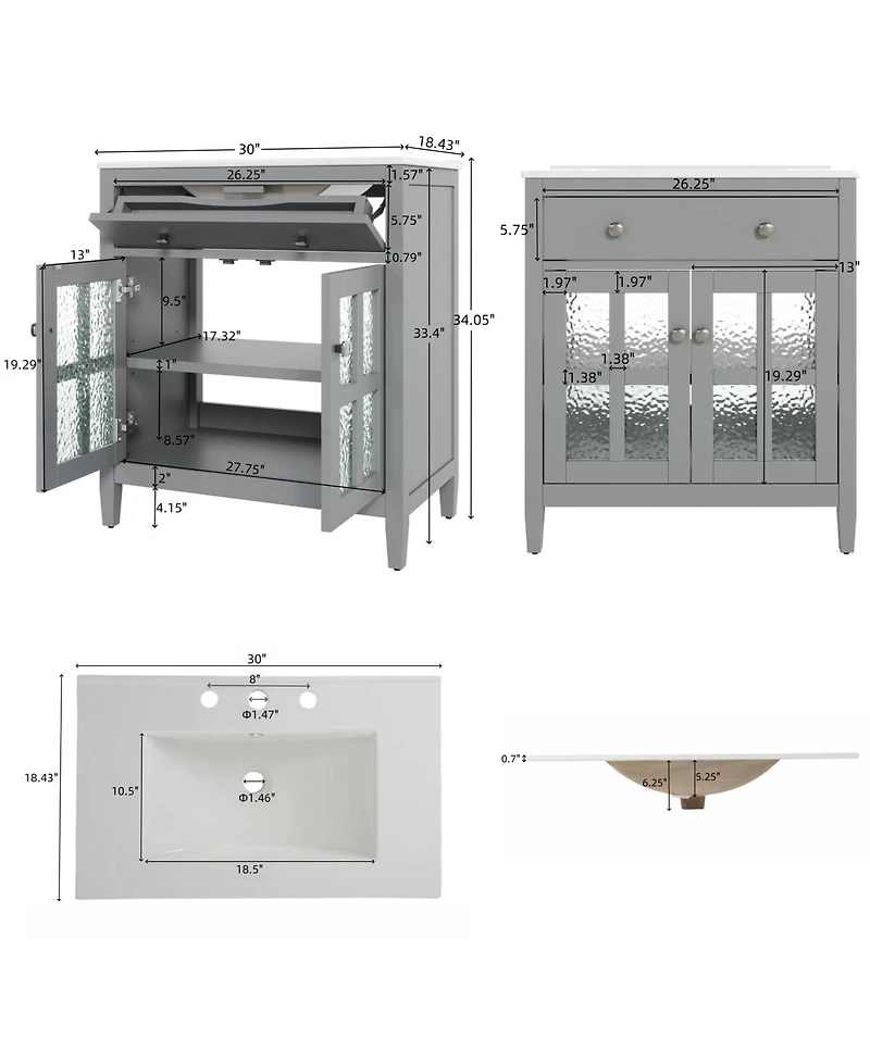 Sillysis 30" Bathroom Vanity with Sink, Modern Solid Wood Cabinet Textured Glass Doors, Flip-Out Tray & Adjustable Shelf