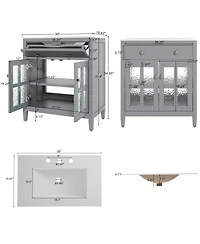 Sillysis 30" Bathroom Vanity with Sink, Modern Solid Wood Cabinet Textured Glass Doors, Flip-Out Tray & Adjustable Shelf