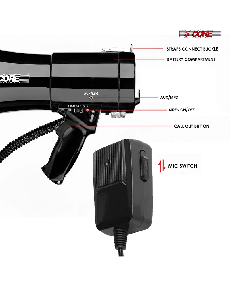 5 Core Megaphone 50W Bullhorn 1100 Yards Loud Siren Maker w Adjustable Volume for Soccer Coaches