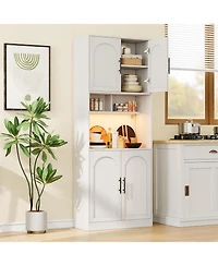gaomon Tall Pantry Cabinet with Countertop, Kitchen Cabinets with Led Light Strip & Microwave Shelf