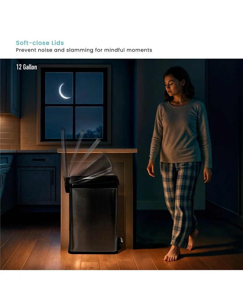 Home Zone Living 12 Gallon and 3 Gallon Slim Stainless Steel Trash Can Combo Set with Step Pedals and Soft Close Lids