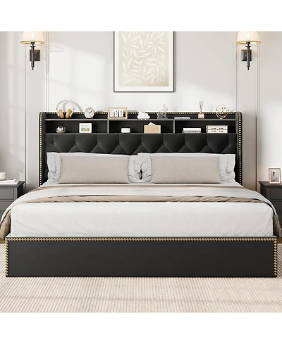 gaomon Upholstered Bed Frame with Storage Drawers, Velvet King Platform Bed with Tufted Headboard and Nailhead Trim Design