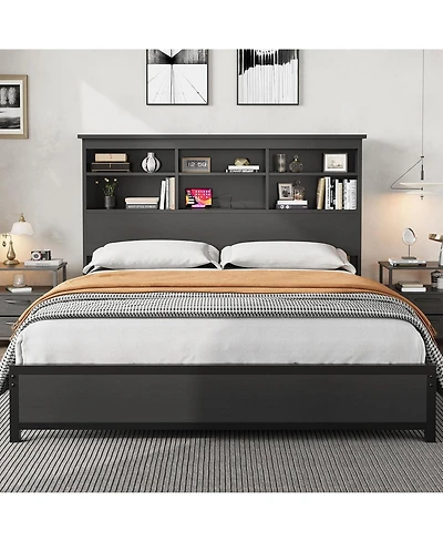 gaomon Bed Frame with Bookcase Headboard, Tall Wooden Bed Headboard Frame with Type-c & Usb Charging Station