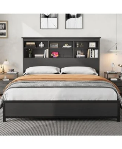 Gaomon Bed Frame With Bookcase Headboard Tall Wooden Bed Headboard Frame With Type C Usb Charging Station Under Bed Storage Space