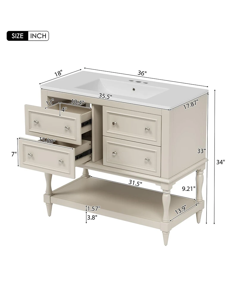 Sillysis 36'' Luxury Bathroom Vanity Set with Mirror Cabinet, Solid Wood & Mdf, Large Storage Shelf for Modern Bathrooms