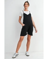 Hello Miz Maternity Sleeveless Loose Fit V-Neck Romper with Pockets and Adjustable Straps