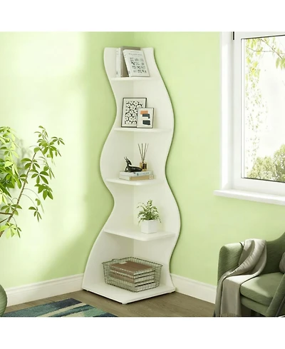 Rainsken 5-Tier Wall Corner Bookshelf, Modern Bookcase Storage Rack with Adjustable Shelves, Unique Shape for Living Room, Home Office