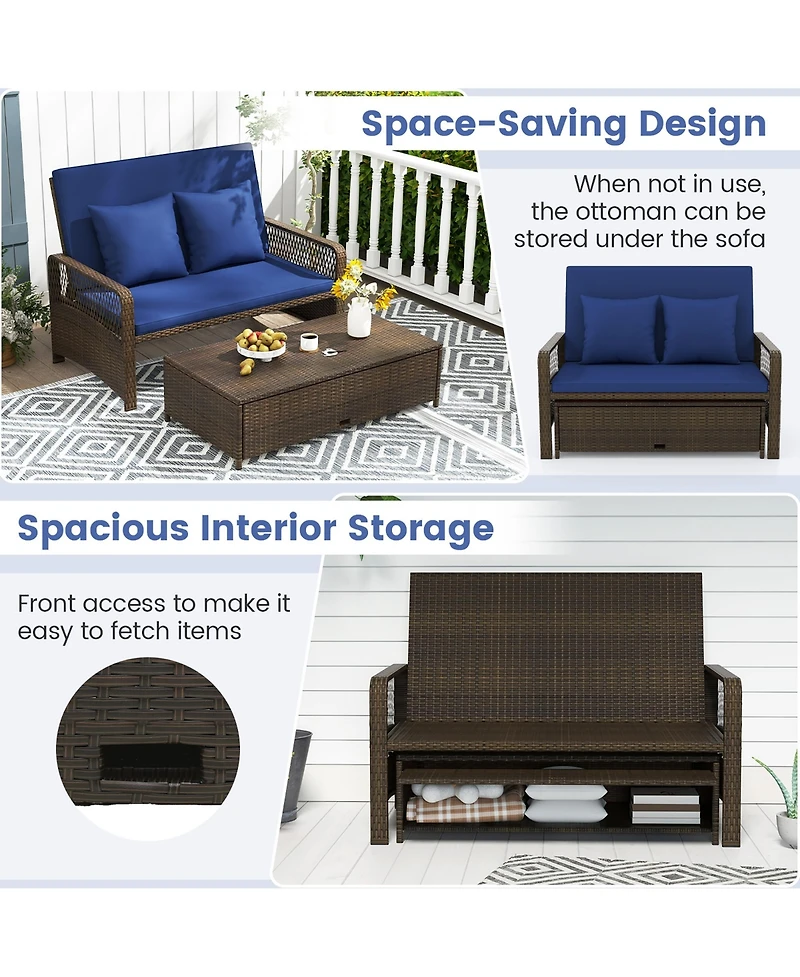 Gymax Patio Rattan Daybed Wicker Loveseat Sofa w/ Multifunctional Ottoman