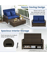 Gymax Patio Rattan Daybed Wicker Loveseat Sofa w/ Multifunctional Ottoman