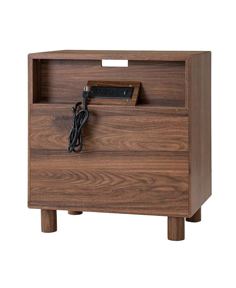 Rainsken Modern Mid-Century Nightstand with 2 Drawers, Solid Wood Bedside Table with Charging Station, Curve Mirror Design, End Table for Bedroom