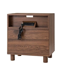 Rainsken Modern Mid-Century Nightstand with 2 Drawers, Solid Wood Bedside Table with Charging Station, Curve Mirror Design, End Table for Bedroom