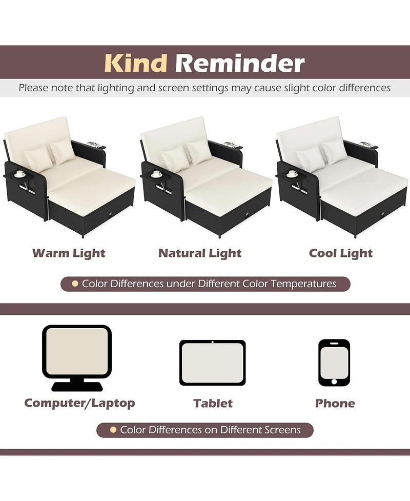 Gymax Set of 2 Pe Wicker Outdoor Daybed w/4-Level Adjustable Backrest Storage Ottoman