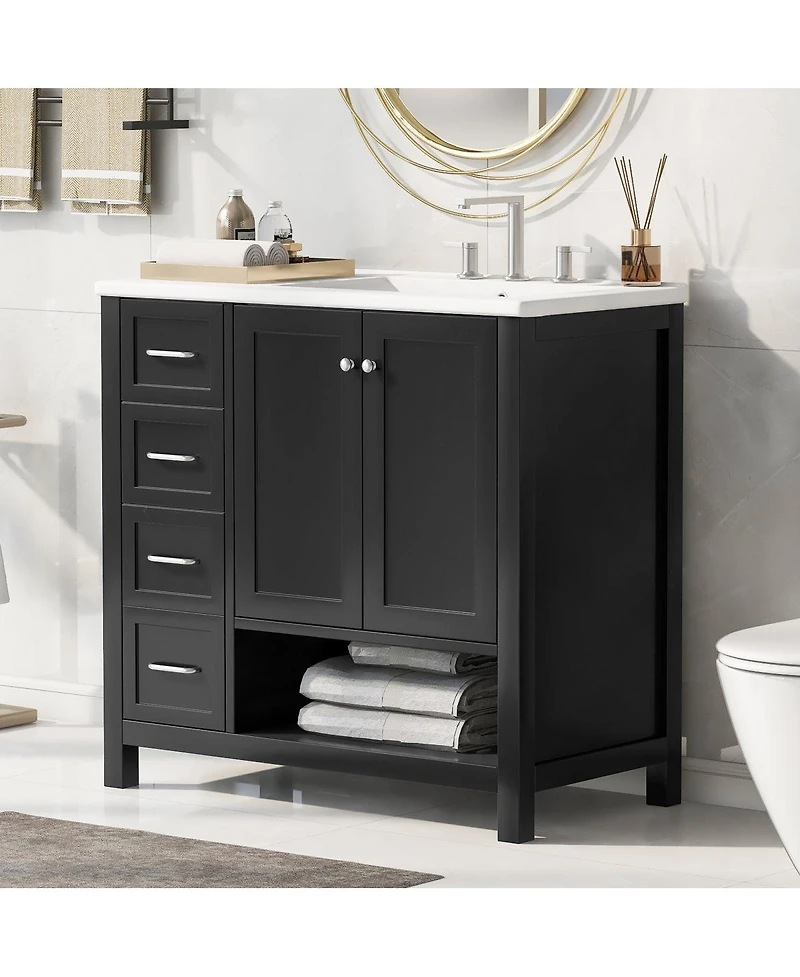 Sillysis 36" Freestanding Bathroom Vanity with Ceramic Sink, Storage Cabinet, Modern Painted Finish, Right Side Basin