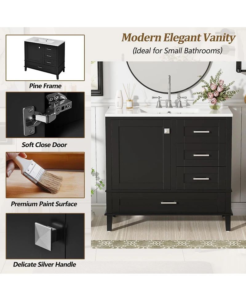 Sillysis Bathroom Vanity with Ceramic Sink, Solid Pine Frame, Soft Close Drawers & Door for Small Spaces