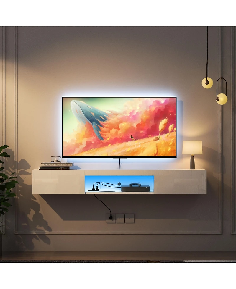 sumyeg 63" Modern Floating Tv Stand Wall Mounted with 16 Color Led Lighting