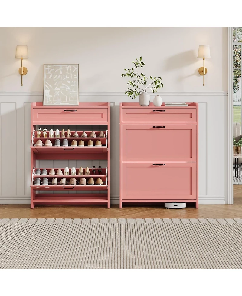 gaomon Shoe Cabinet with 2 Flip Drawers & 1 Top Drawer, High-Gloss Painted Wood Shoe Organizer with Adjustable Shelves