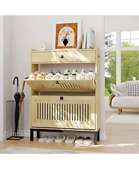 gaomon Wooden Shoe Storage Cabinet with 2 Turn Drawers Adjustable Shelves Large Top Drawer Hidden Freestanding Entryway Organizer