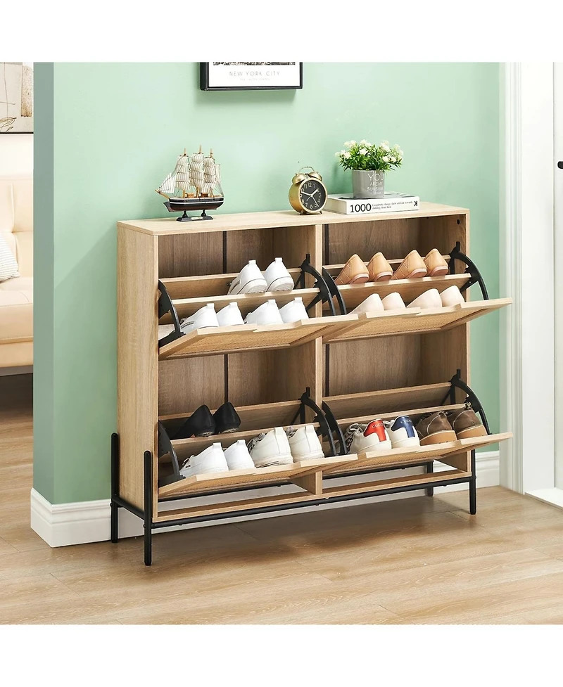 gaomon Freestanding Shoe Cabinet with 4 Flip Rattan Doors Adjustable Shelves Entryway Hallway Narrow Storage Oak