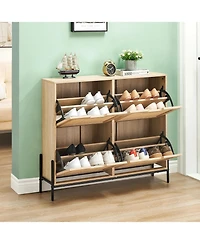 gaomon Freestanding Shoe Cabinet with 4 Flip Rattan Doors Adjustable Shelves Entryway Hallway Narrow Storage Oak