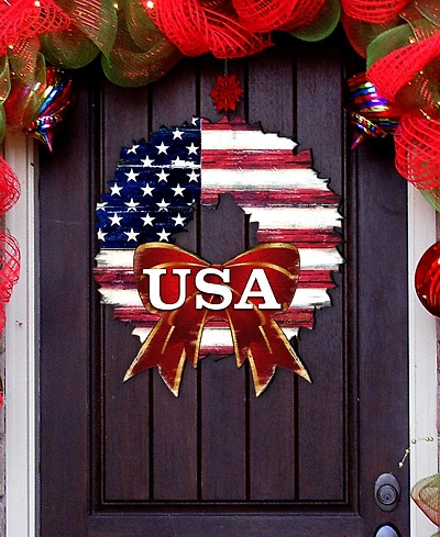 Designocracy Usa American Flag Wreath Wooden Door Wall Hanger