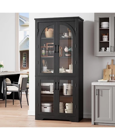 gaomon 70" Tall Kitchen Pantry Cabinet - Modern Display with 4 Arched Glass Doors and Adjustable Shelves, Versatile Cupboard Organizers